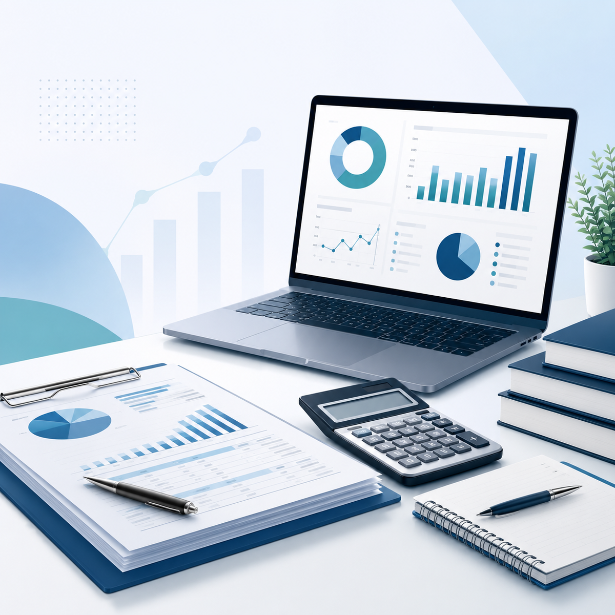 Organized accounting workspace with laptop, financial reports and calculator