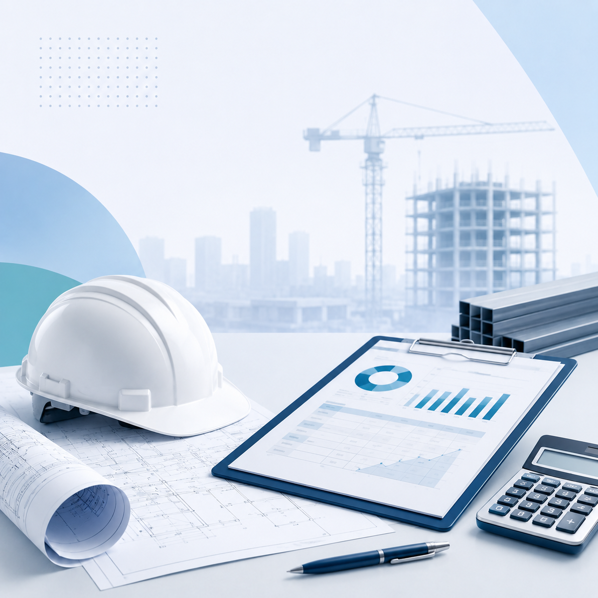 Construction planning workspace with hard hat and blueprints