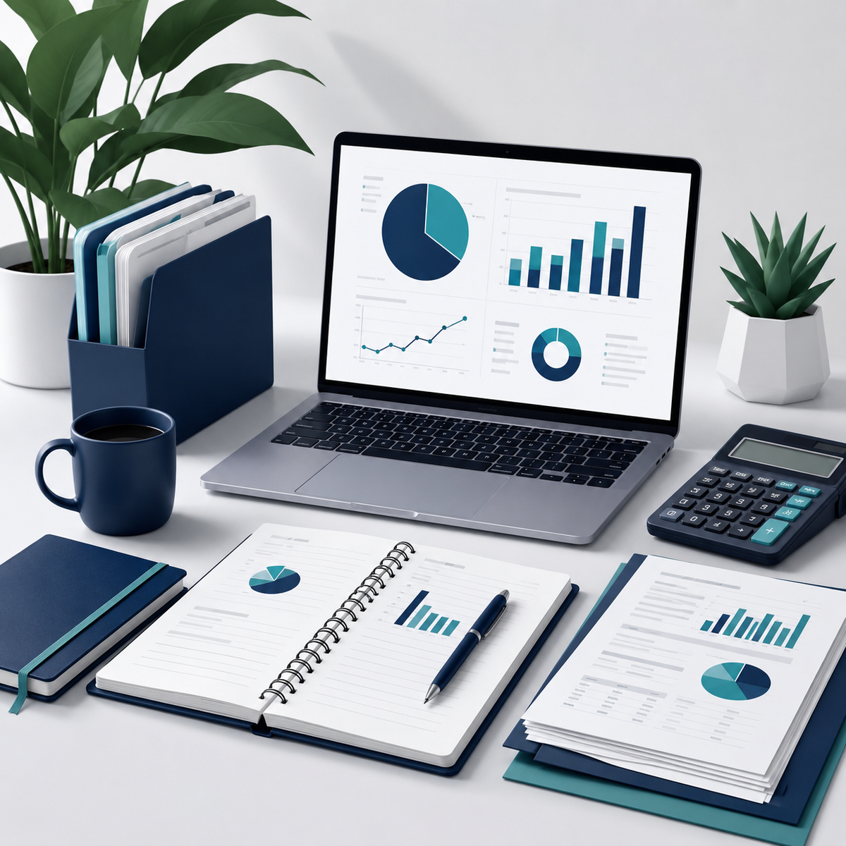 Organized monthly bookkeeping workspace with financial reports