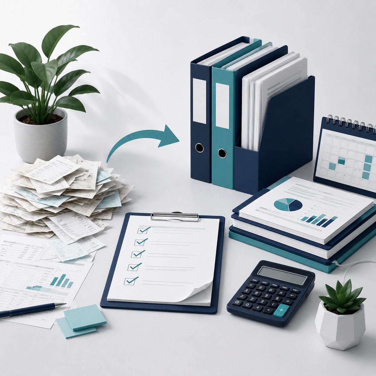 Bookkeeping cleanup process organizing receipts and financial records