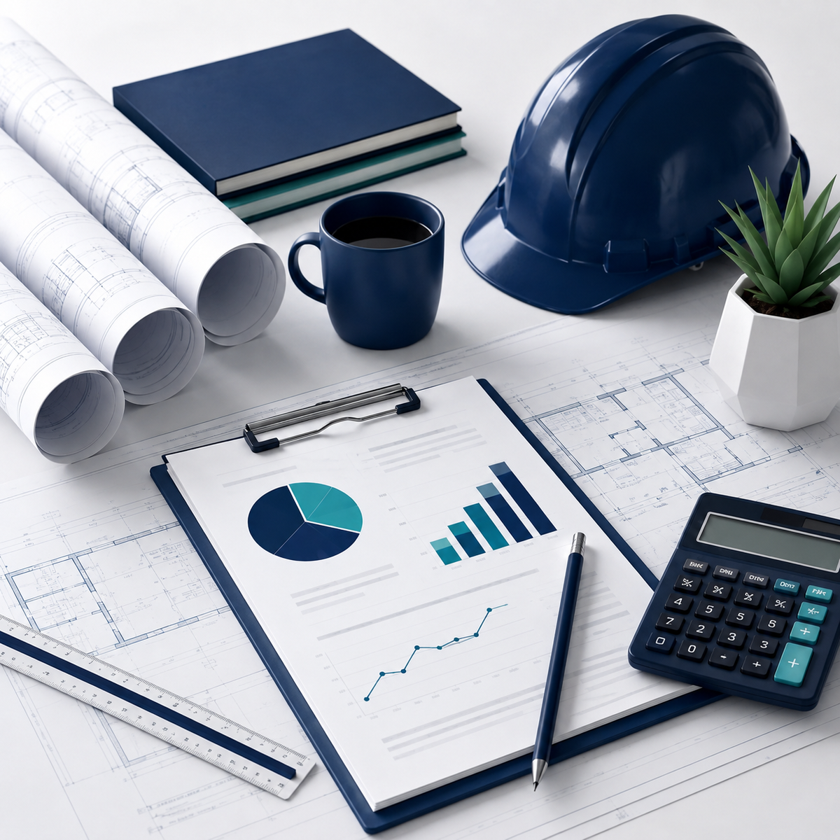 Construction bookkeeping workspace with blueprints and financial tools