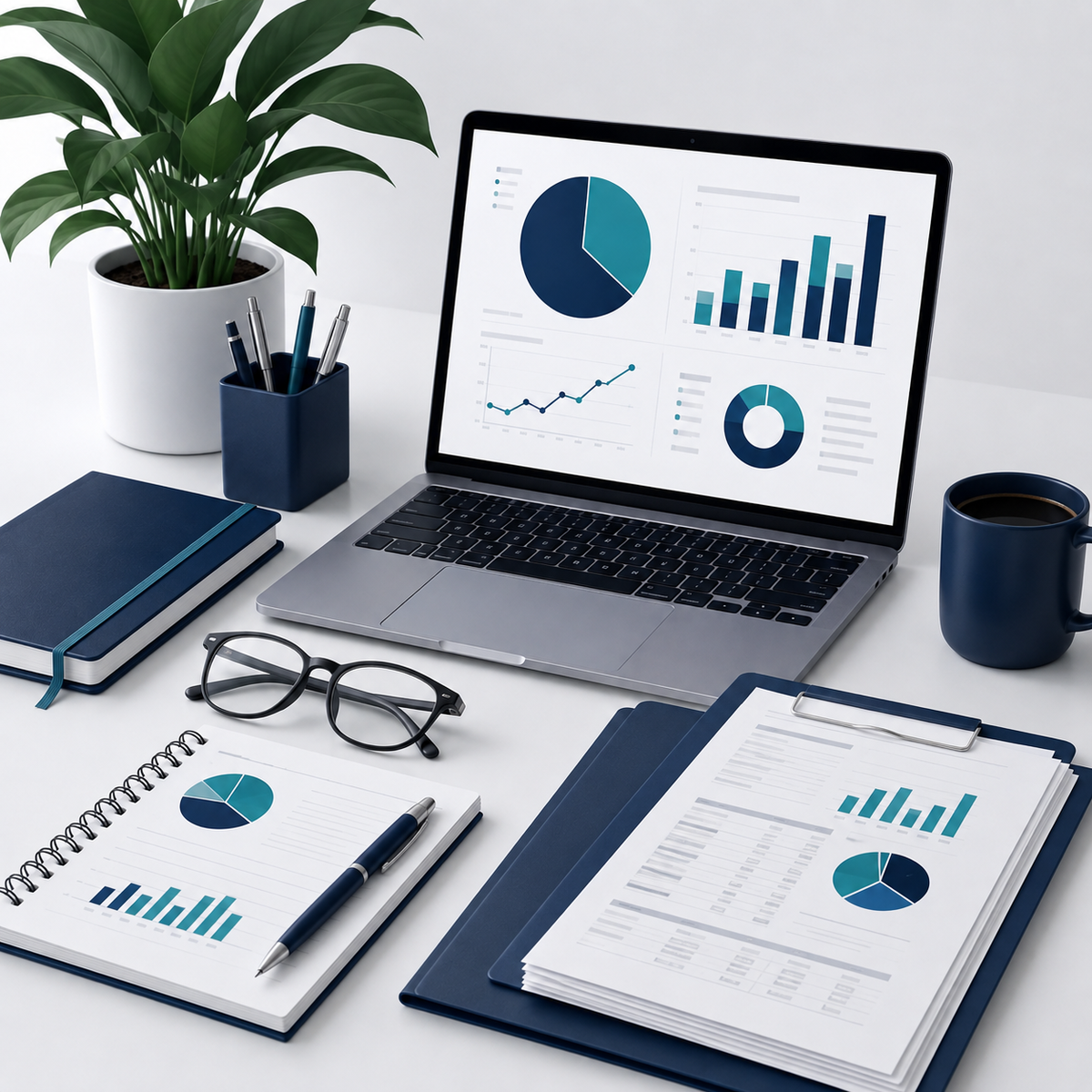 Business tax planning workspace with financial charts and reports