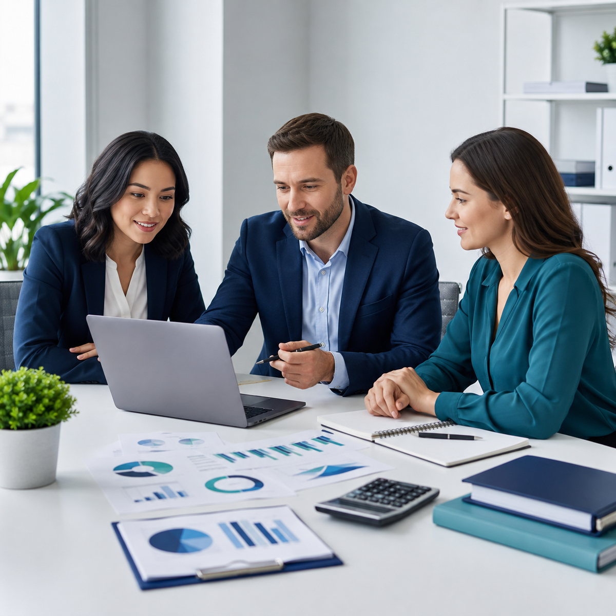 Accounting professionals reviewing organized business financial information
